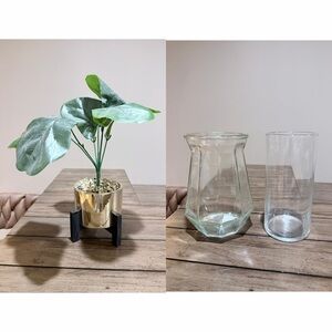 Elegant Clear Glass Vase Set & Artificial Plant